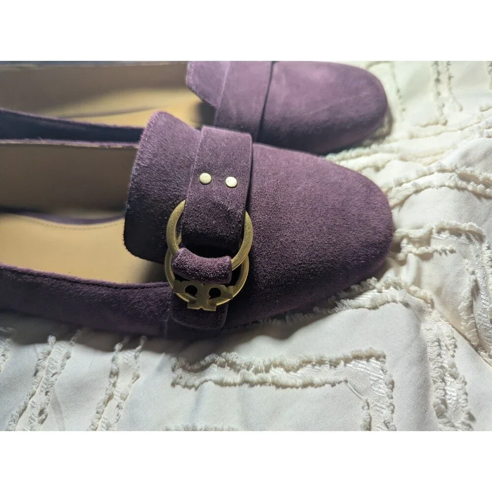 Tory Burch Plum Purple Suede Loafers Gold Buckle Flats Size 10